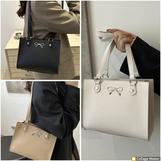 Bow Trim Tote Bag (Black-White-Khaki) - #9296-9298
