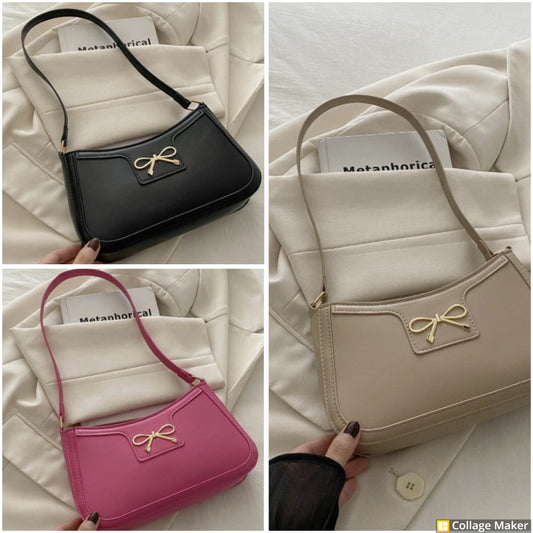 Bow Trimmed Shoulder Bag (Khaki-Black-Hot Pink) - #9293-9295