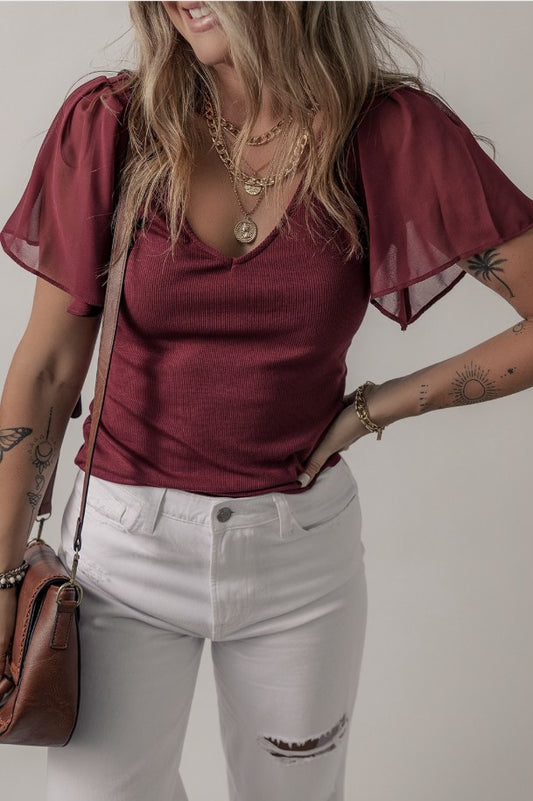 Brick Red Mesh Flutter Sleeve Top - #10128-10131