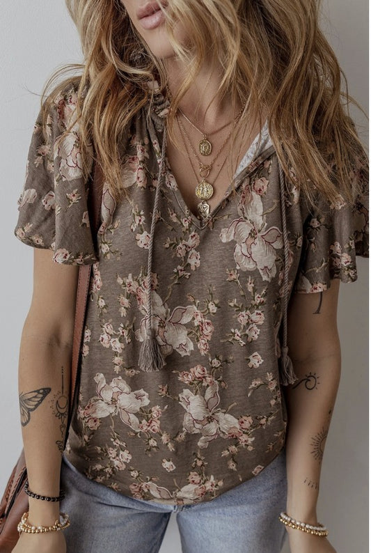 Brown Floral Tasset Tie Top - #9799-9802