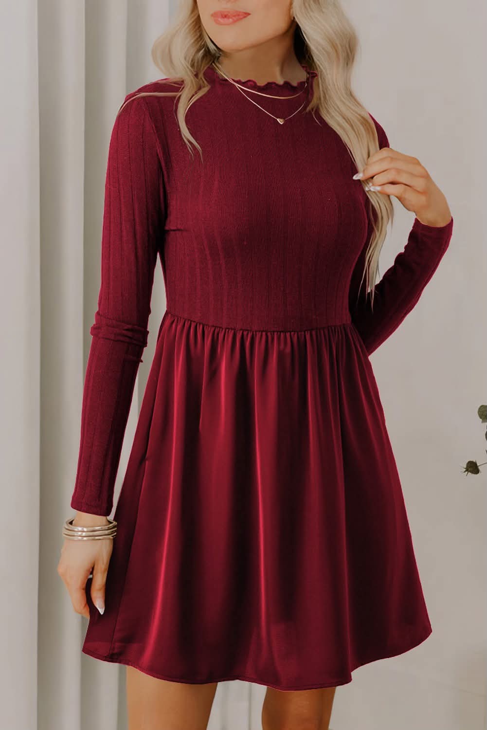 Burgundy Frilled Neck Dress - #10614-10617