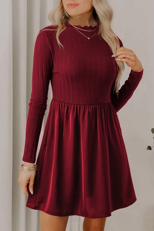 Burgundy Frilled Neck Dress - #10614-10617