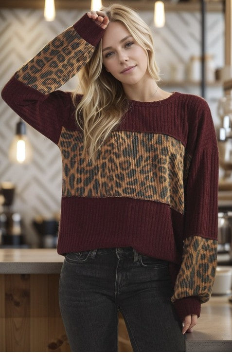 Burgundy Leopard Ribbed Top - 10654-10659