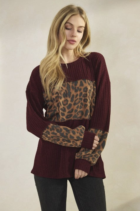 Burgundy Leopard Ribbed Top - 10654-10659