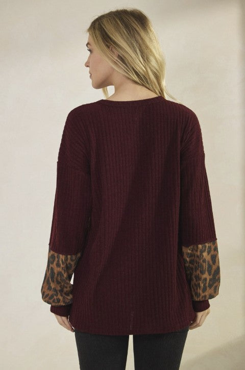 Burgundy Leopard Ribbed Top - 10654-10659