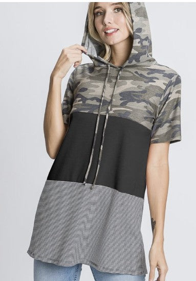 Camo-Black-Striped Short Sleeve Hoodie Top - #9871-9876