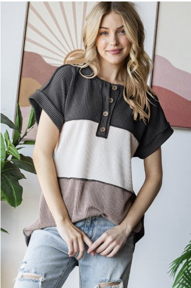 Grey Colorblock Ribbed Top - #9542-9544