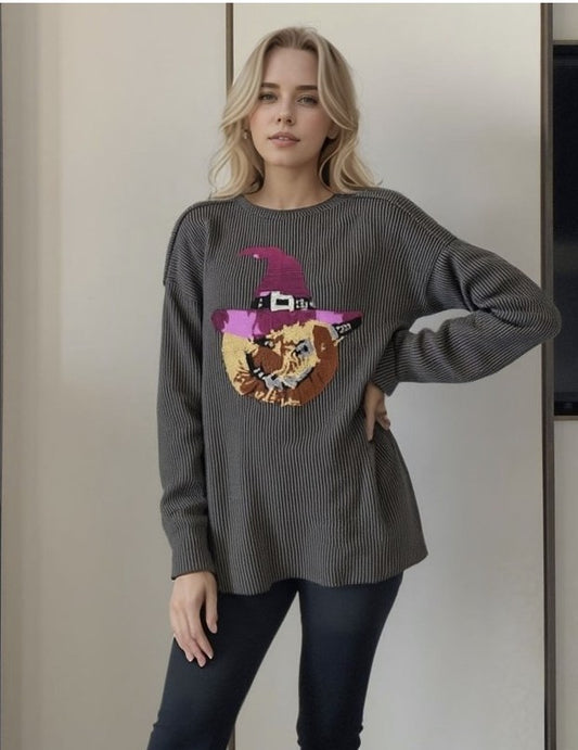 Charcoal Ribbed Top w/Sequin Pumpkin with Witch's Hat - #10329-10334