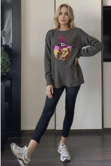 Charcoal Ribbed Top w/Sequin Pumpkin with Witch's Hat - #10329-10334
