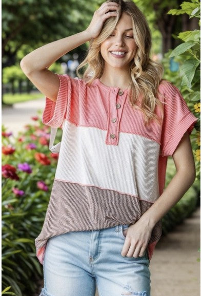Coral Colorblock Ribbed Top - #9545-9550