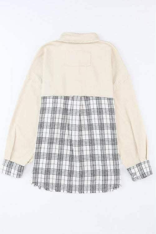 Khaki Distressed Raw Edge Plaid Denim Jacket - #10526-10529