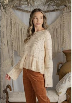 Cream Boho Babydoll Knit Sweater - #8388-8393