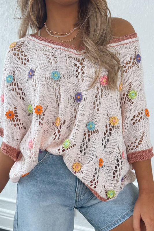 Cream Embroidered Flowers Knit Top - #9651-9654