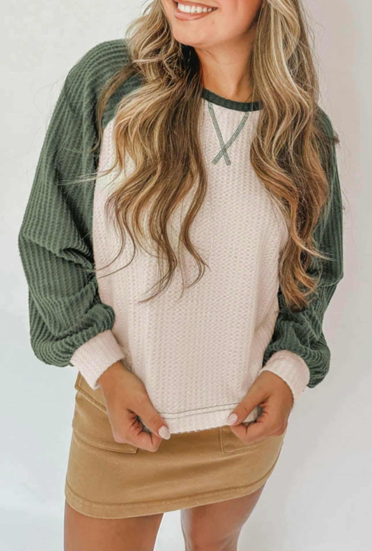 Olive/Cream Waffle Knit Top - #10522-10525