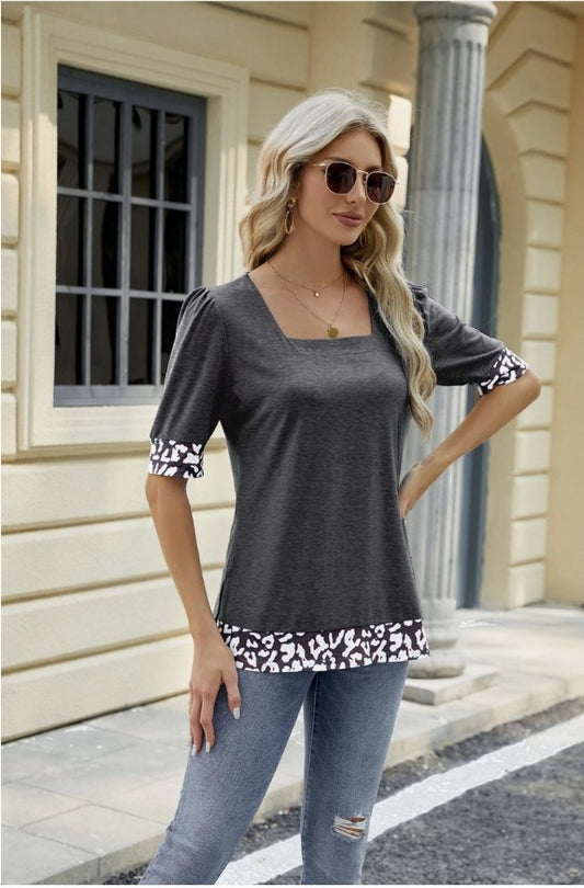 Dk Grey Cheetah Trim Top w/Puffy Sleeves - #9350-9354