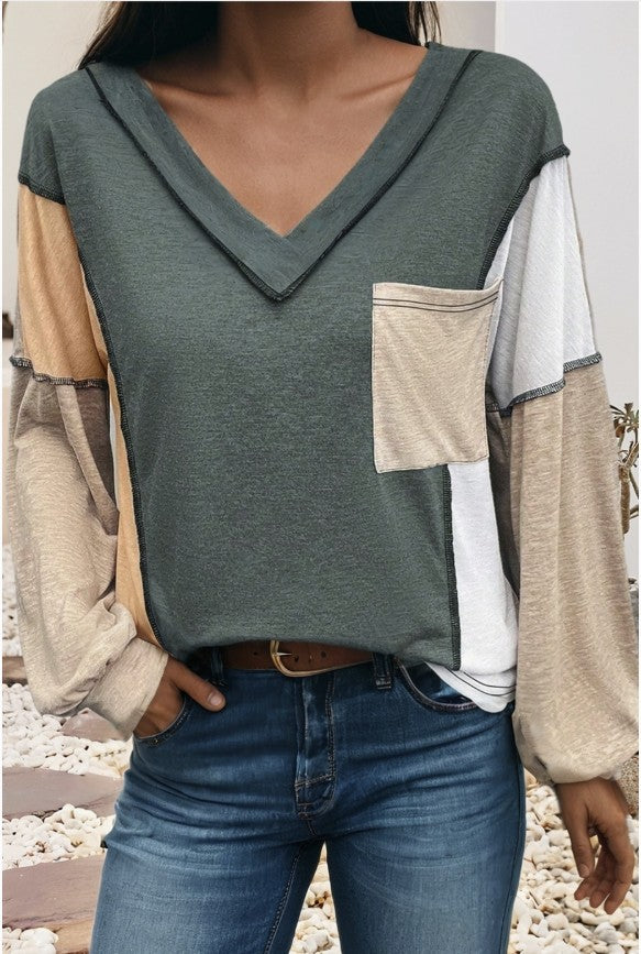 Green-Brown Exposed Stitch Long Sleeve Top - #10539-10542