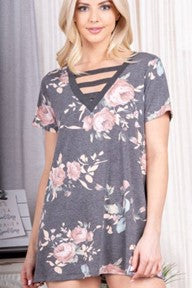 Grey Floral V-Neck Top with Bar Detail - #4345-4350
