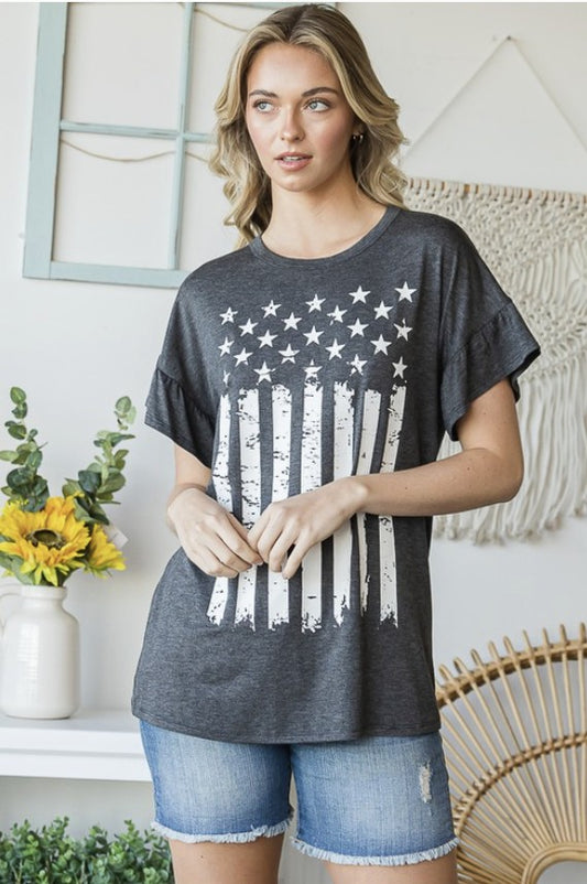 Grey Stars N Stripes Top w/Ruffle Sleeve - #9613-9618