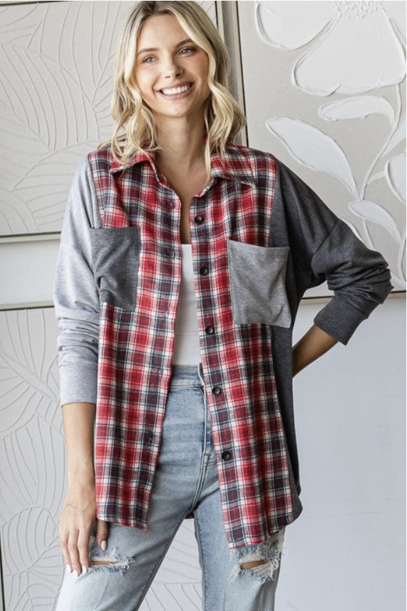 Grey Two Tone & Plaid Shacket - #8437-8440