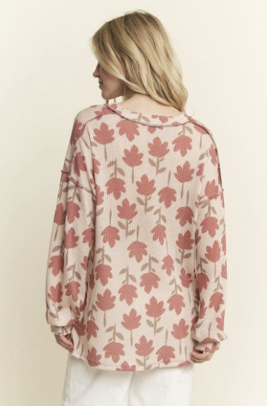 Leaf Print V-Neck Long Sleeve Top - #10293-10298