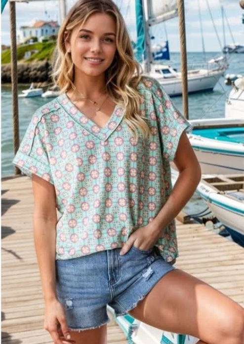 Mint Floral V-Neck Top - #9633-9638