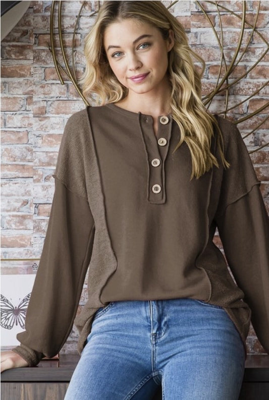 Mocha Reverse Contrast Top w/Button Detail - #10064-10069