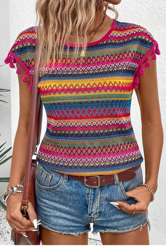 Striped Tassel Cap Sleeve Top - #9839-9842