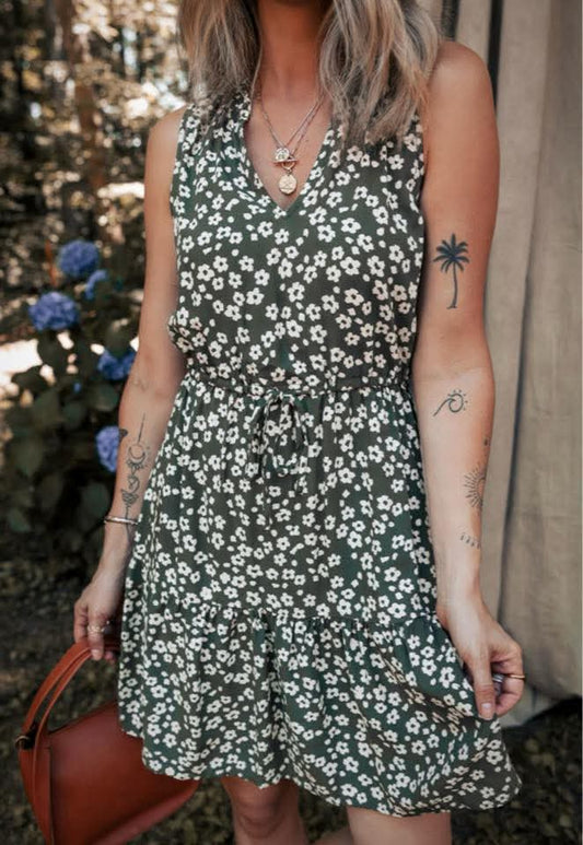 Olive & White Floral Dress - #9526-9529
