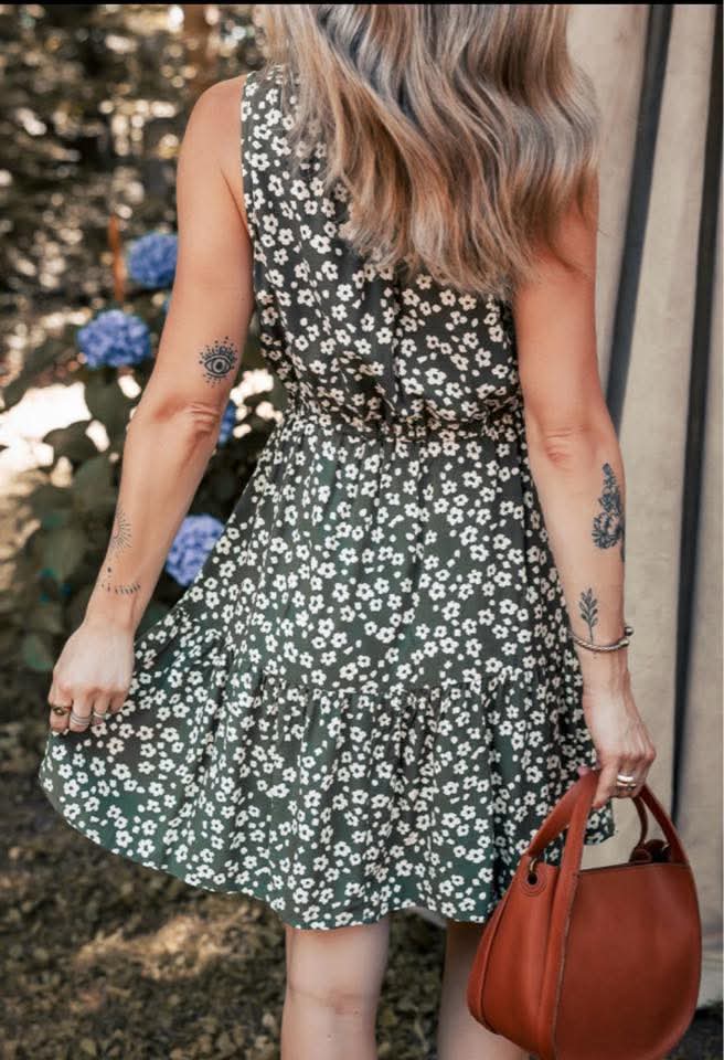 Olive & White Floral Dress - #9526-9529