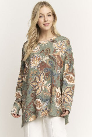 Olive Paisley Floral Oversized Top - #10629-10634