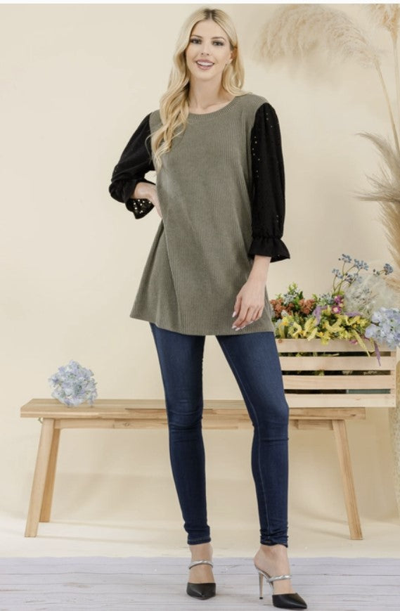 Olive Tunic Top w/Black Eyelet Sleeves - #7627-7633