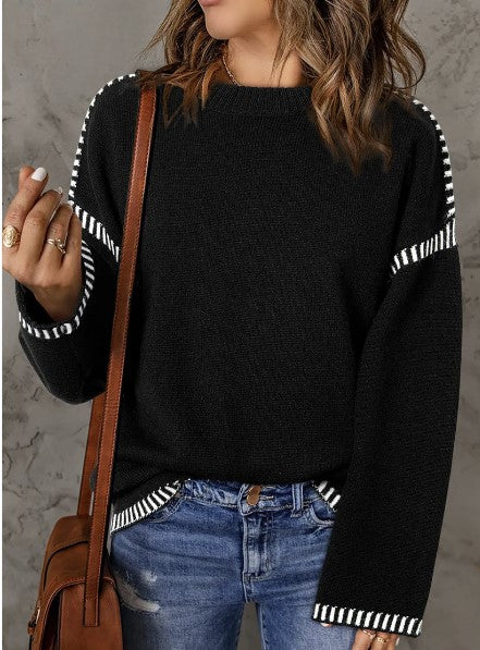 The Olivia Sweater in Black w/White Stitching Detail - #8384-8387