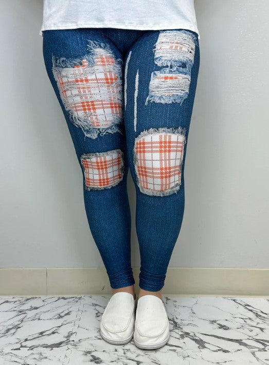 Orange Plaid Denim-Look Leggings w/Back Pockets - #5272-5274