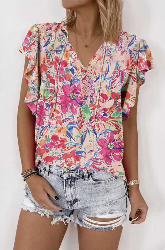 Multicolor Floral V-neck Top w/Ruffle Sleeves - #9823-9826