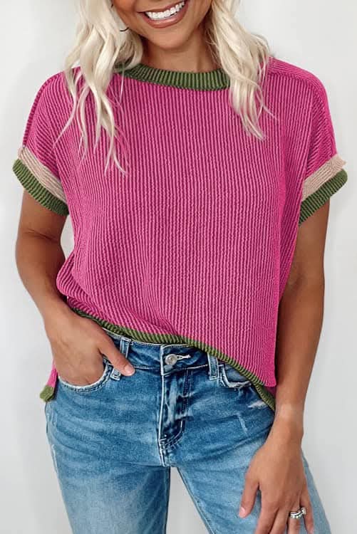 Pink Ribbed Top w/Green Detail - #10040-10043