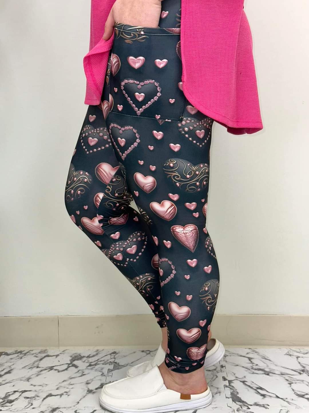 Pink & Black Heart Leggings w/Pockets - #6303-6305