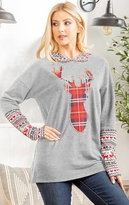 Heather Grey Hoodie w/Plaid Reindeer - #10335-10340