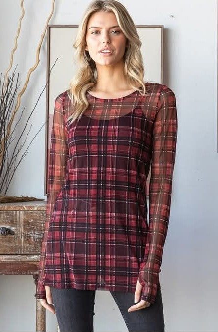 Burgundy Plaid Sheer Top w/Thumbholes - #10089-10094