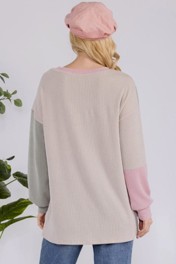 Pink/Tan/Mint Colorblock Long Sleeve Top - #6131-6137