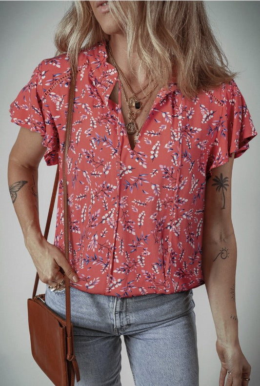 Red Front Tie V-Neck w/Blue & White Floral Print - #9803-9806
