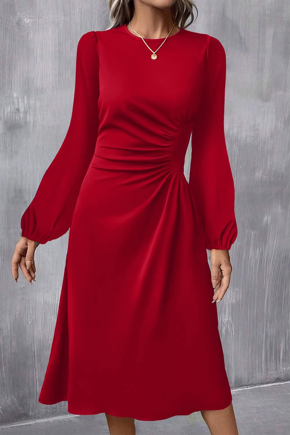 Red Pleated Midi Dress - #10842-10846