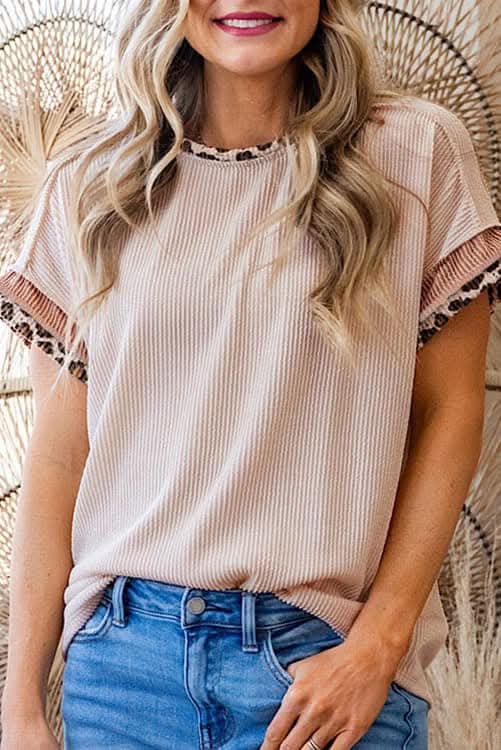 Tan Ribbed Top w/Leopard Detail - #10044-10047