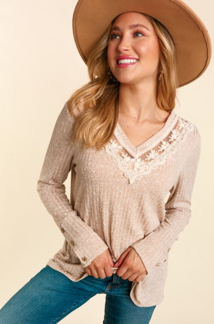 Tan Long Sleeve Top with Lace Detail Neckline - #5095