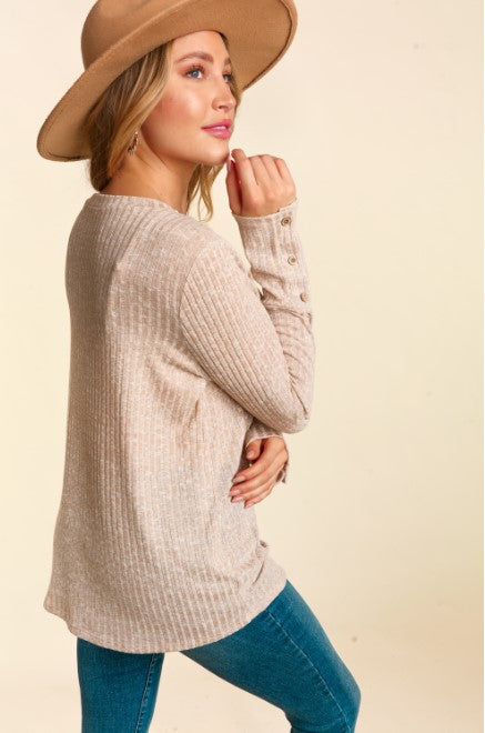 Tan Long Sleeve Top with Lace Detail Neckline - #5095