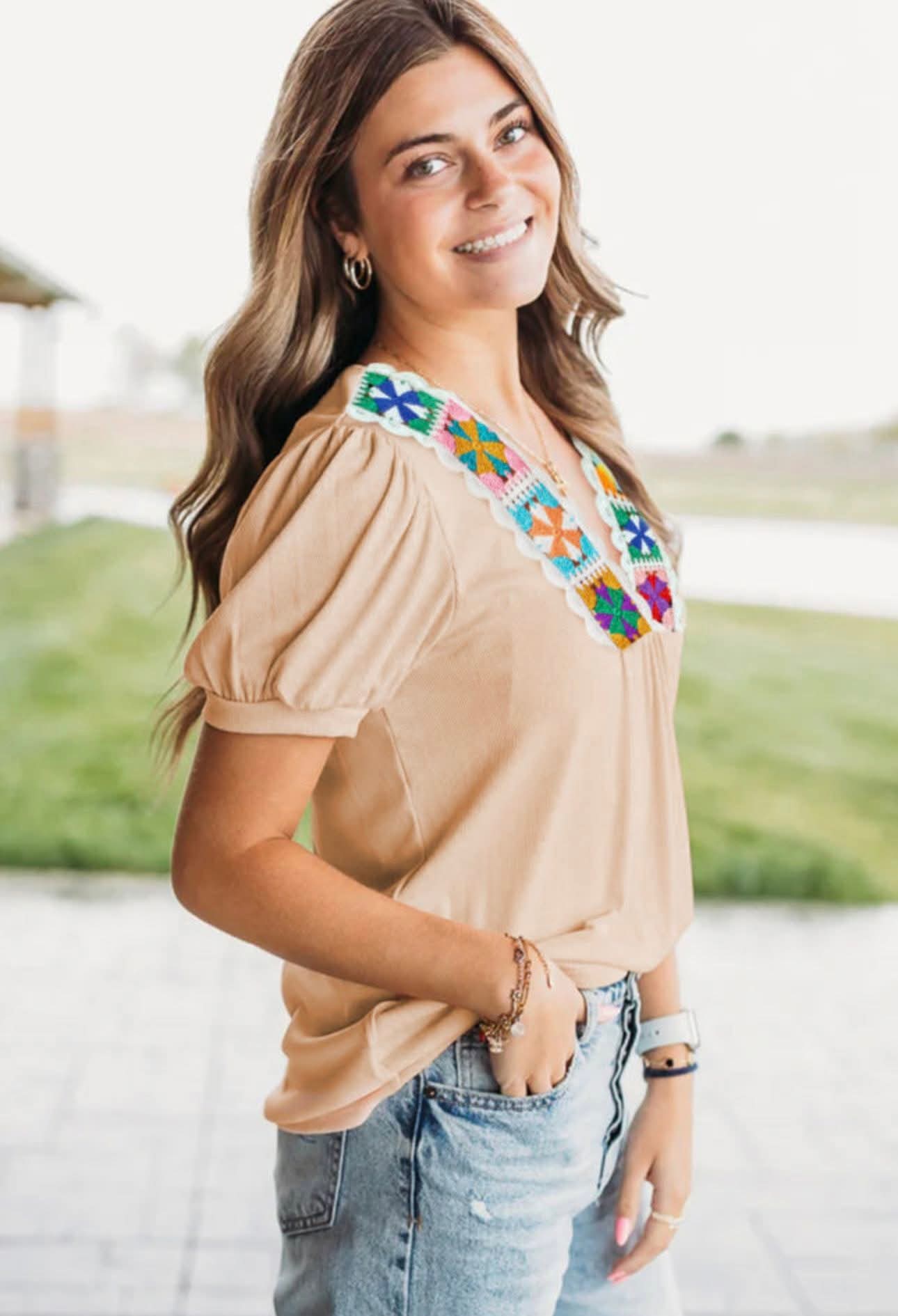 Tan Top w/Crochet Neck Detail - #10003-10006