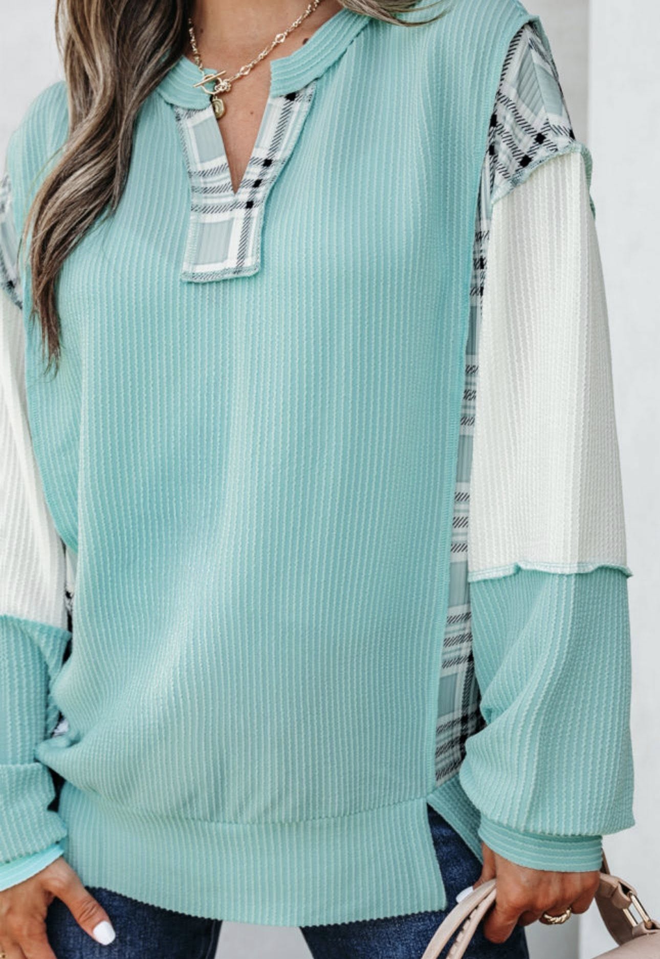 Blue Ribbed Top w/Patchwork Detail - #10361-10364