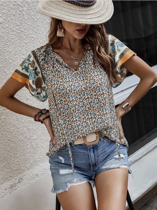 Western Floral V-Neck Top - #9778-9782