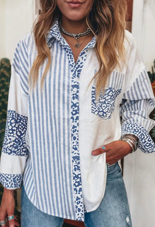 White/Blue Stripe & Cheetah Print Button-Up Top - #9999-10002