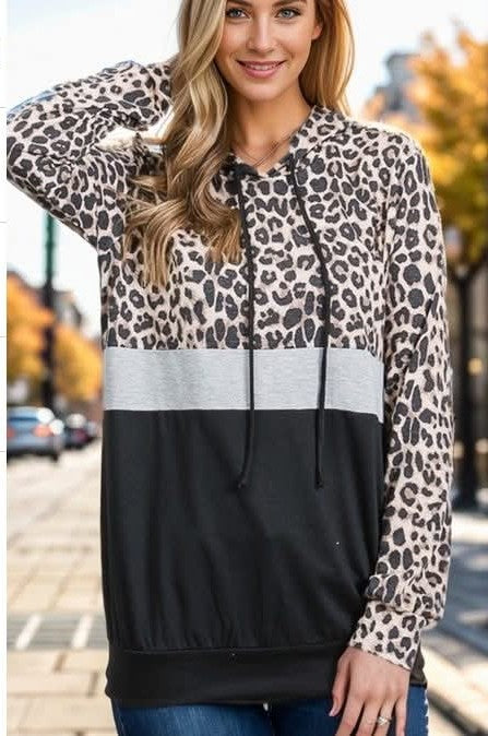Leopard-Grey-Black Colorblock Hoodie - #10083-10088