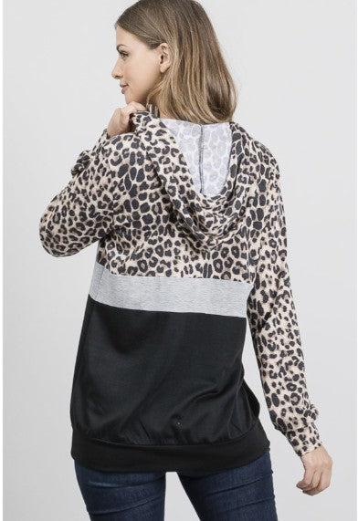 Leopard-Grey-Black Colorblock Hoodie - #10083-10088